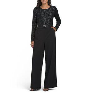 KARL LAGERFELD Black Sequin Belted Jumpsuit